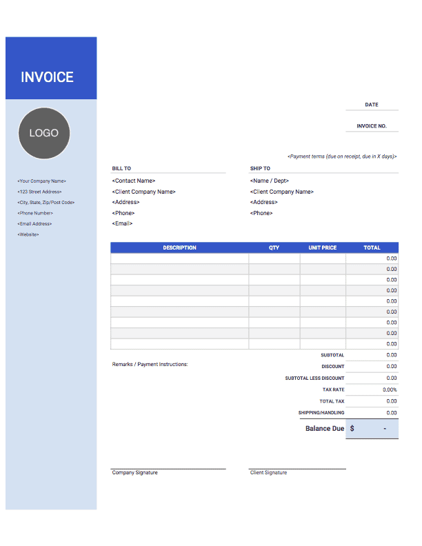 Clean Blue Sidebar Invoice Design