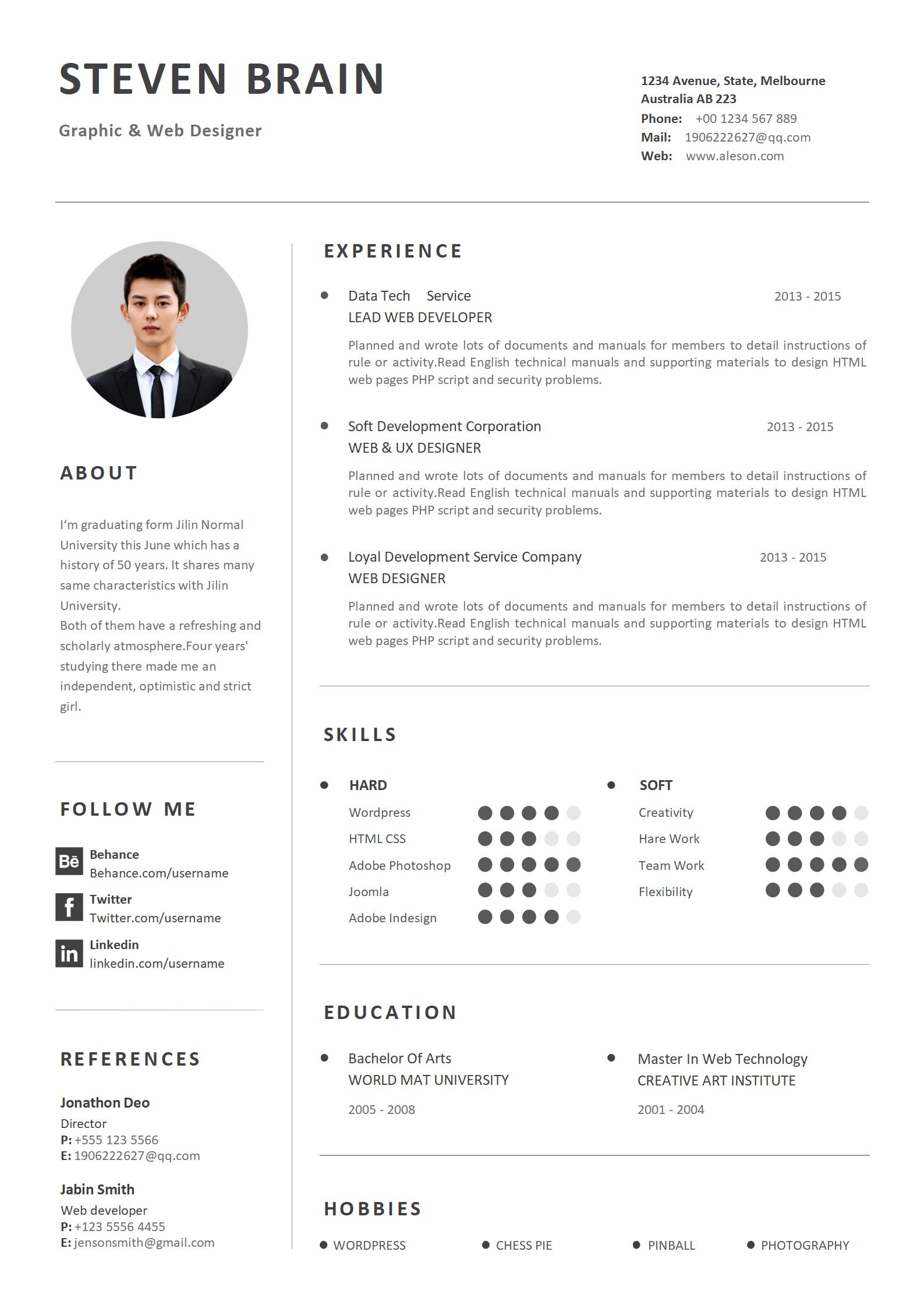 Clean Monochrome Modern Resume Layout