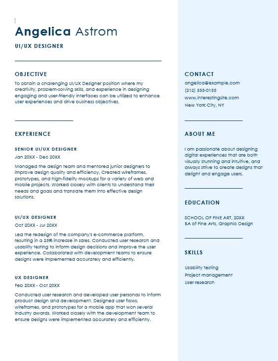 Elegant Blue Resume for UI/UX Designer