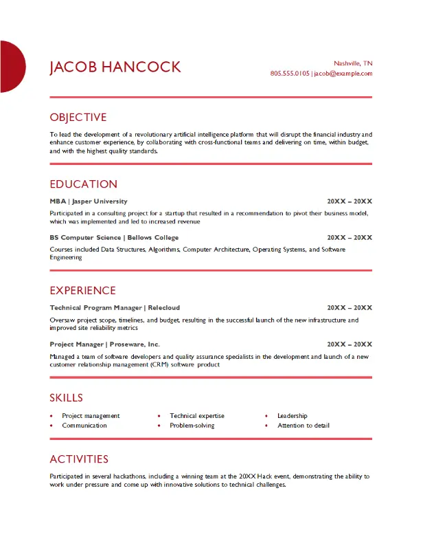 Plain Manager Resume in White Color