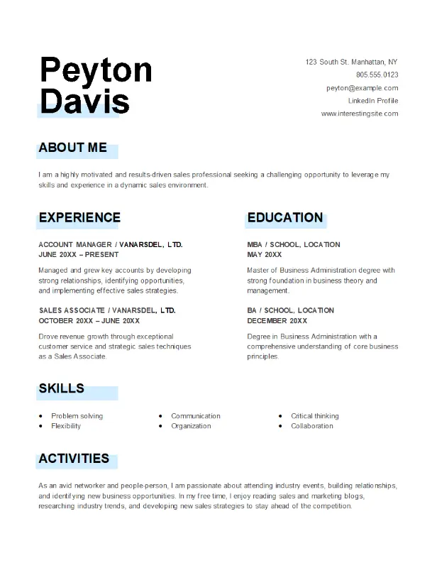 Sales Professional Resume with Soft Blue Highlights