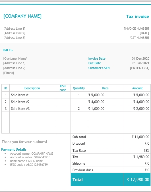 Sleek Aqua and White Invoice Layout