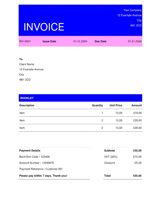 Vibrant Blue and Pink Invoice Design