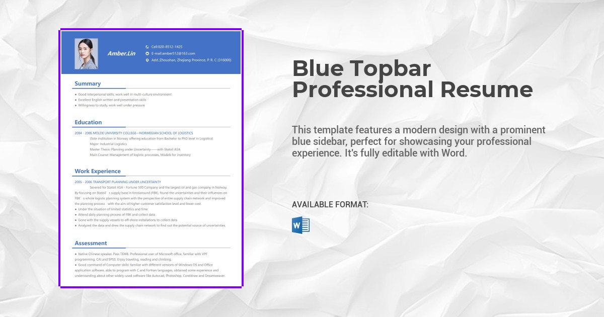Blue Topbar Professional Resume Template
