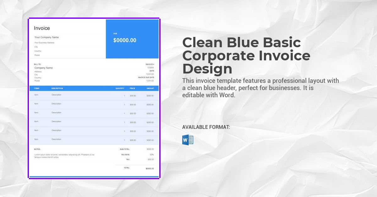 Clean Blue Basic Corporate Invoice Design Template