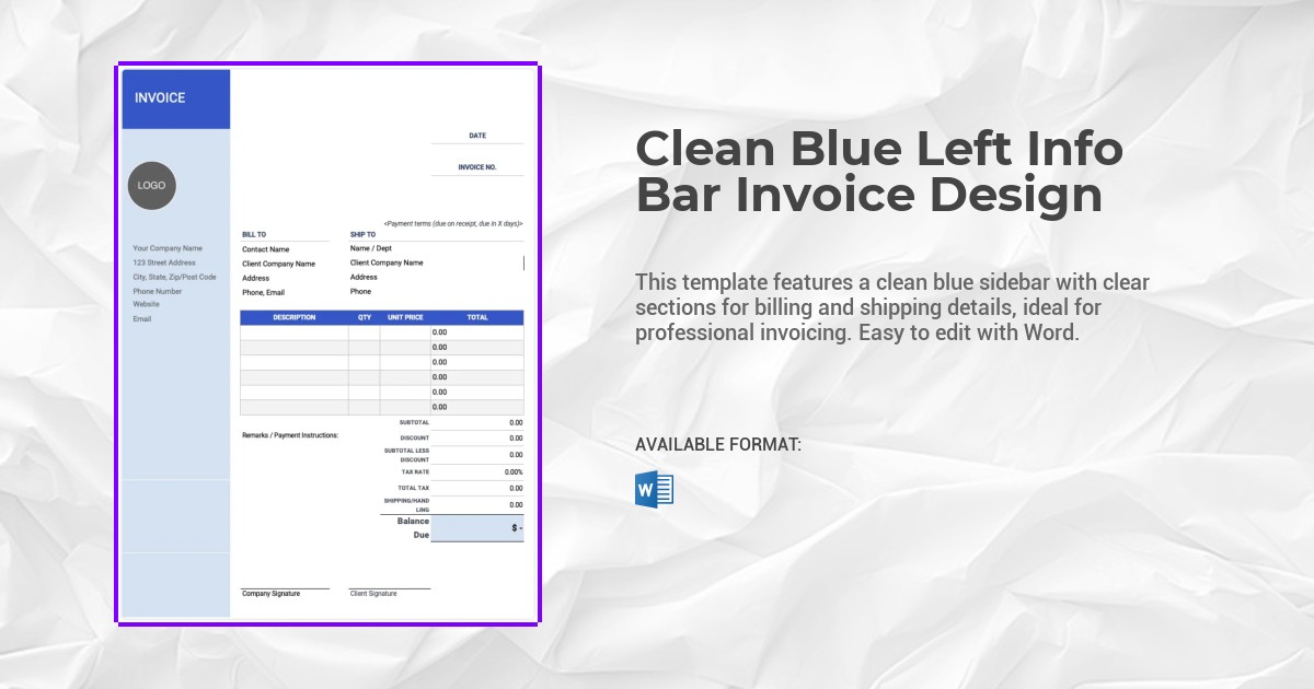 Clean Blue Left Info Bar Invoice Design Template