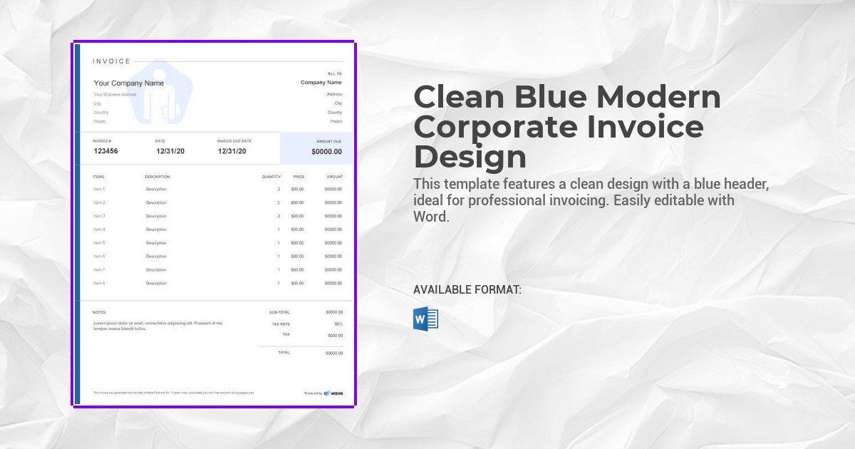 Clean Blue Modern Corporate Invoice Design Template