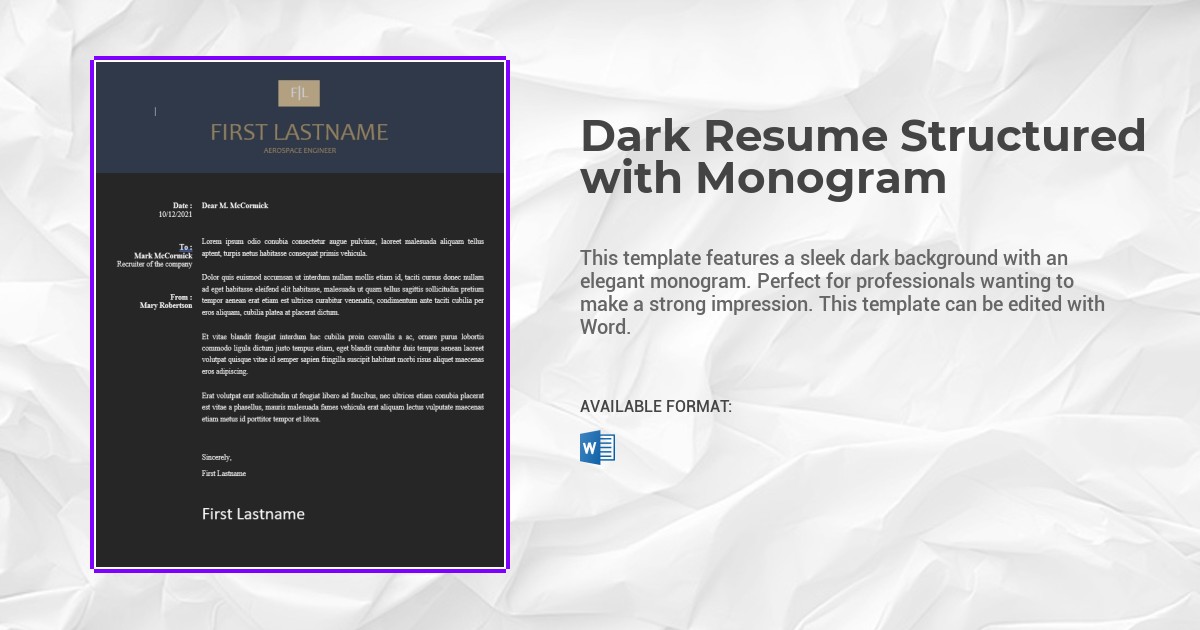 Dark Resume Structured with Monogram Template