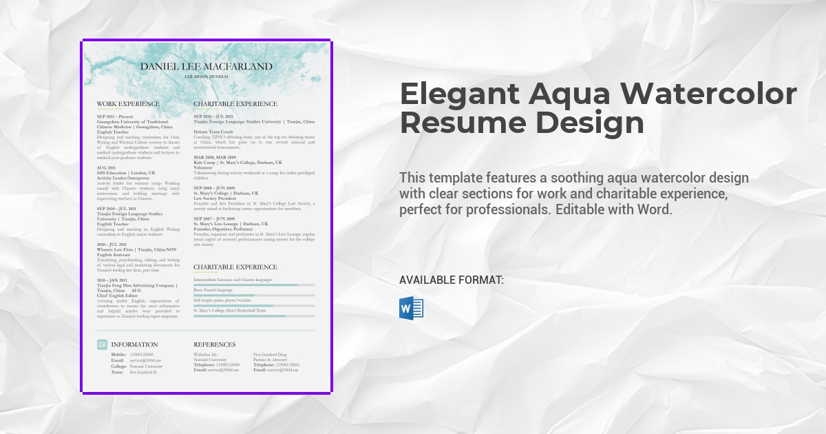 Elegant Aqua Watercolor Resume Design Template