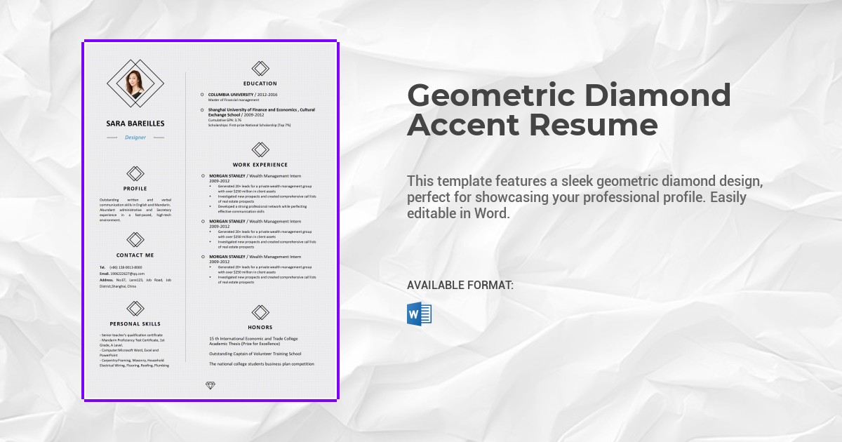 Geometric Diamond Accent Resume Template