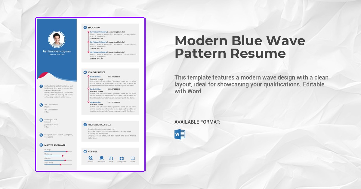Modern Blue Wave Pattern Resume Template