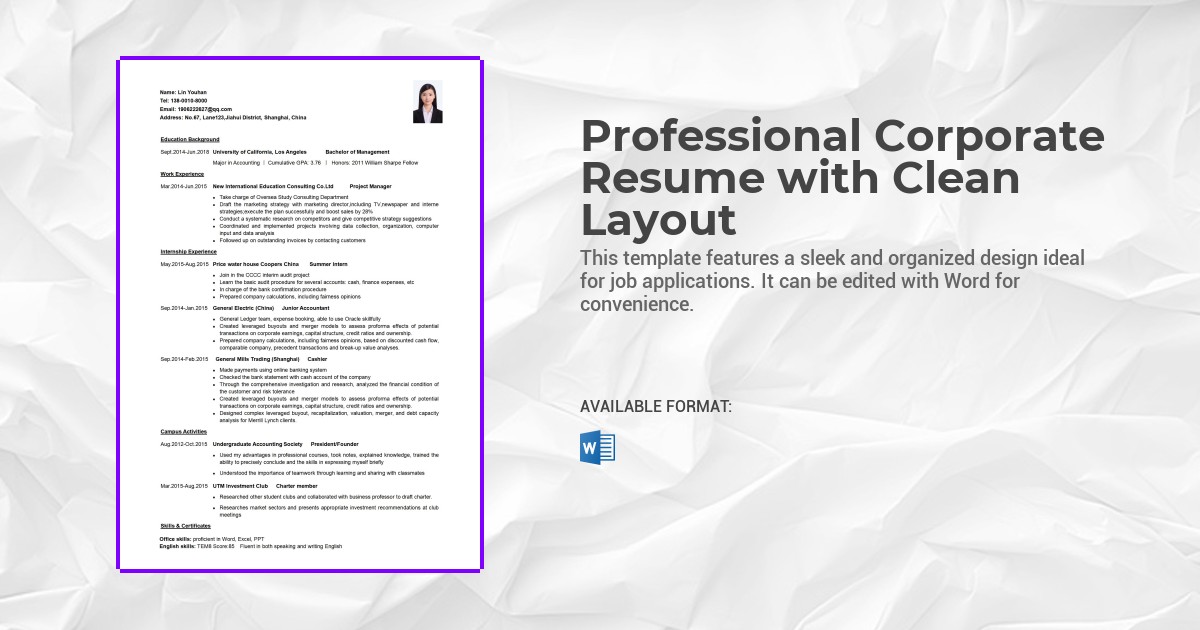 Professional Corporate Resume with Clean Layout Template
