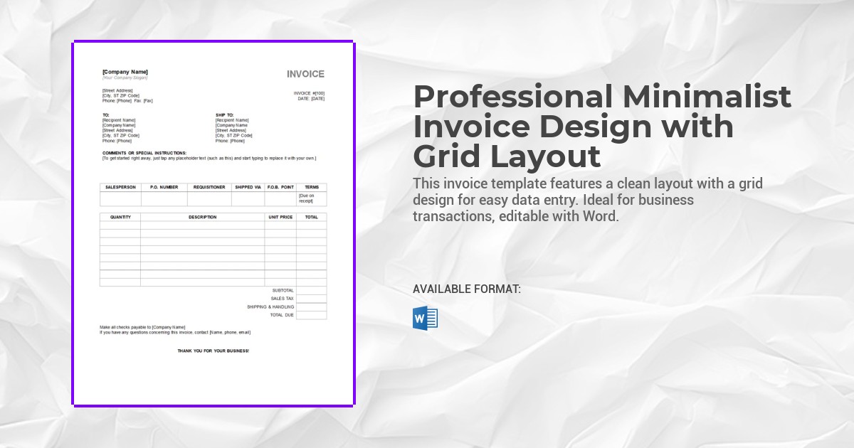 Professional Minimalist Invoice Design with Grid Layout Template