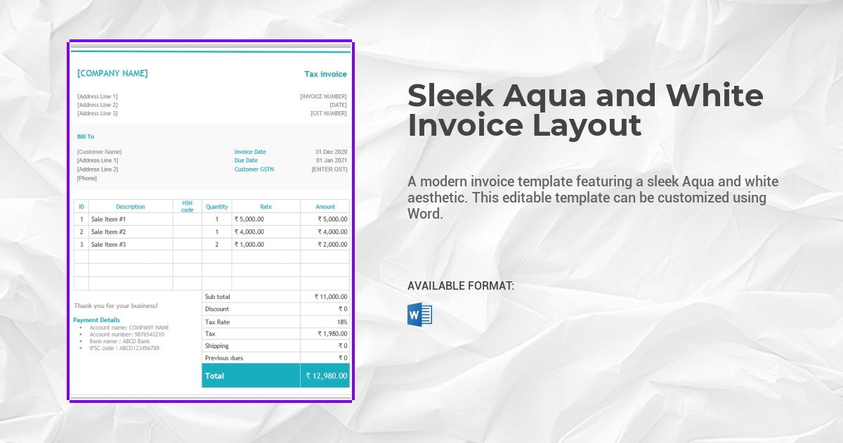 Sleek Aqua and White Invoice Layout Template