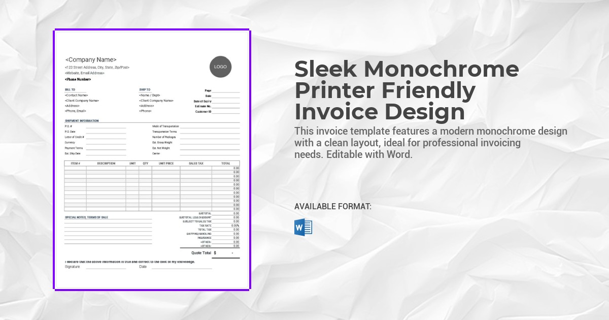 Sleek Monochrome Printer Friendly Invoice Design Template