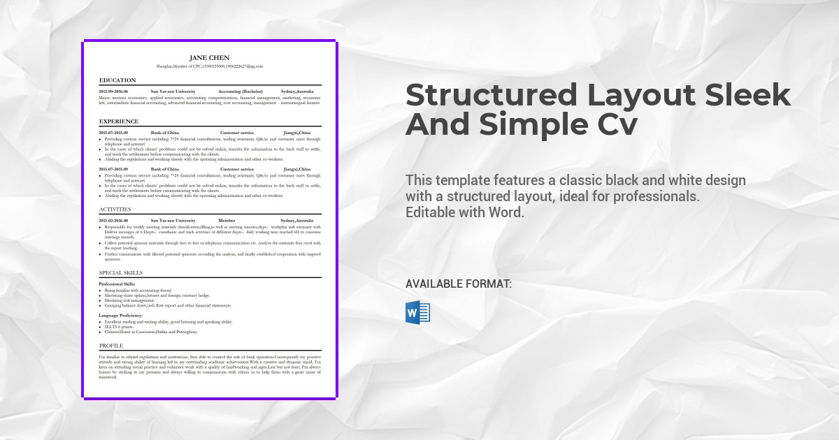 Structured Layout Sleek And Simple Cv Template