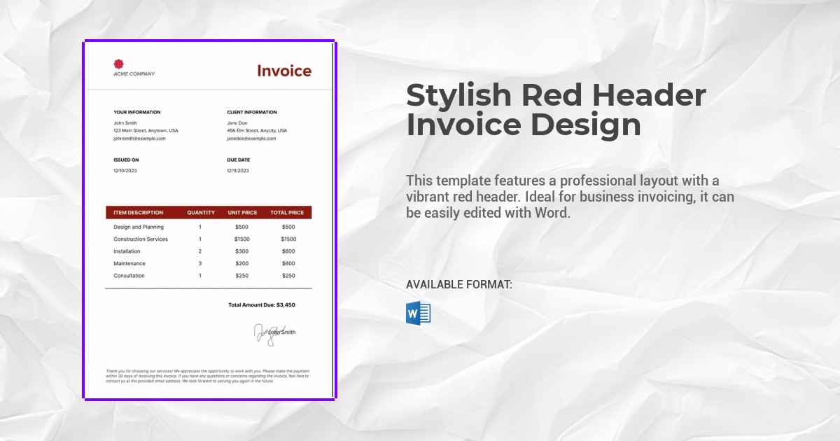Stylish Red Header Invoice Design Template