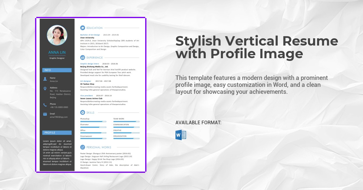 Stylish Vertical Resume with Profile Image Template